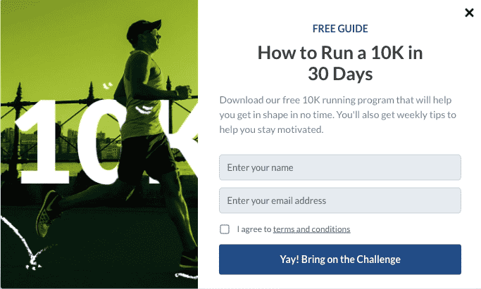 A website popup offering a free guide on how to run a 10k in 30 days.